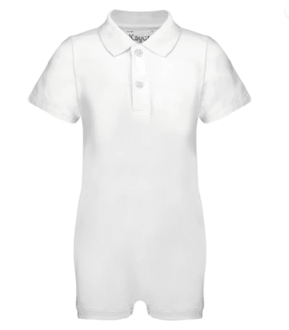 A white short-sleeve polo  with a three-button placket, displayed on a clean white background.Poppers in the inside crotch 