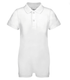 A white short-sleeve polo  with a three-button placket, displayed on a clean white background.Poppers in the inside crotch 