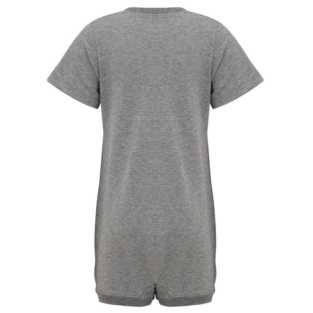 A short-sleeve  grey r one-piece outfit shown from the back, photographed against a plain white background.