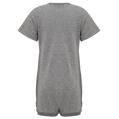 A short-sleeve  grey r one-piece outfit shown from the back, photographed against a plain white background.