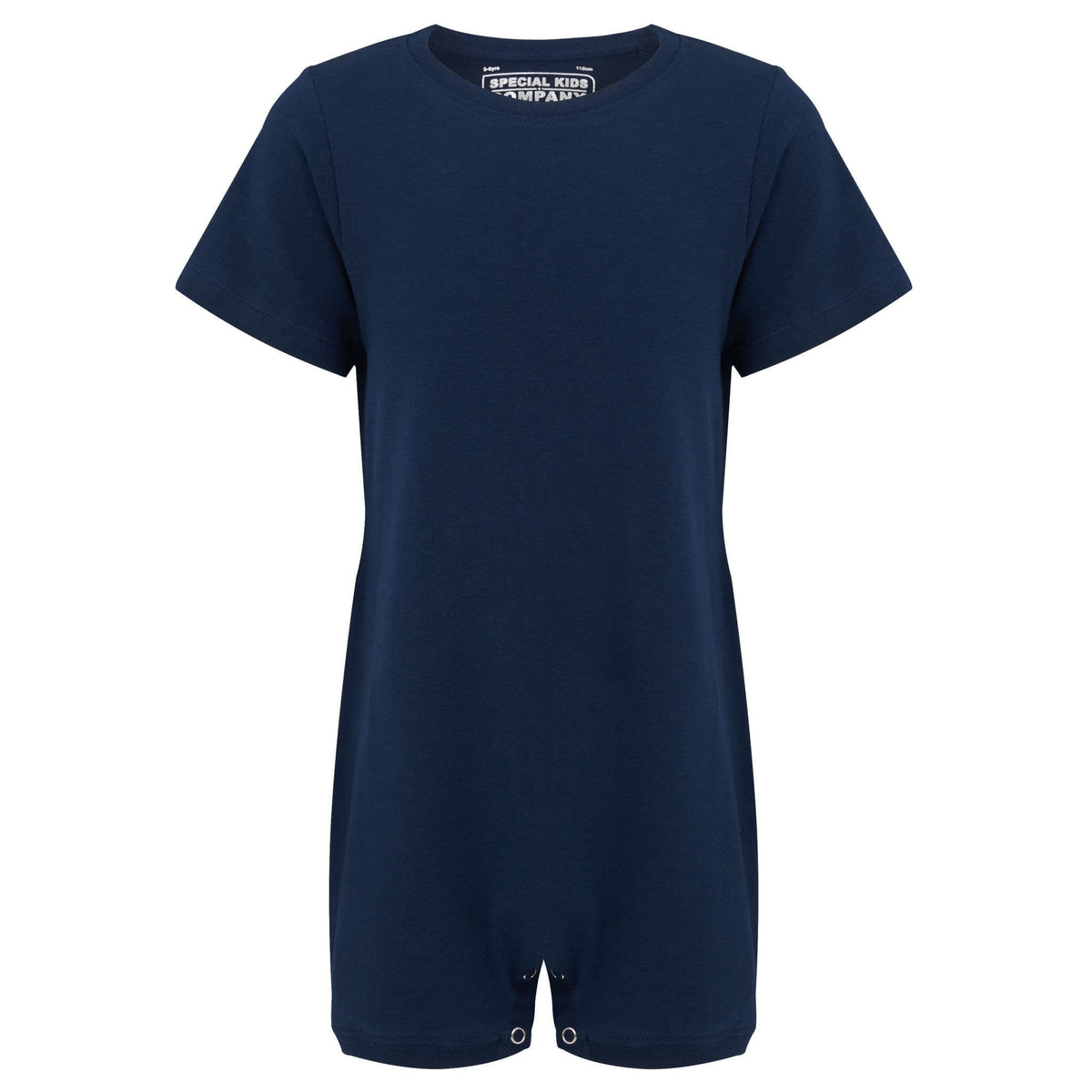 A navy blue short-sleeve rwith a crew neck and snap closures at the crotch, shown against a plain white background.
