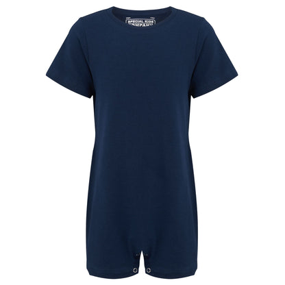 A navy blue short-sleeve rwith a crew neck and snap closures at the crotch, shown against a plain white background.