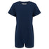 A navy blue short-sleeve rwith a crew neck and snap closures at the crotch, shown against a plain white background.