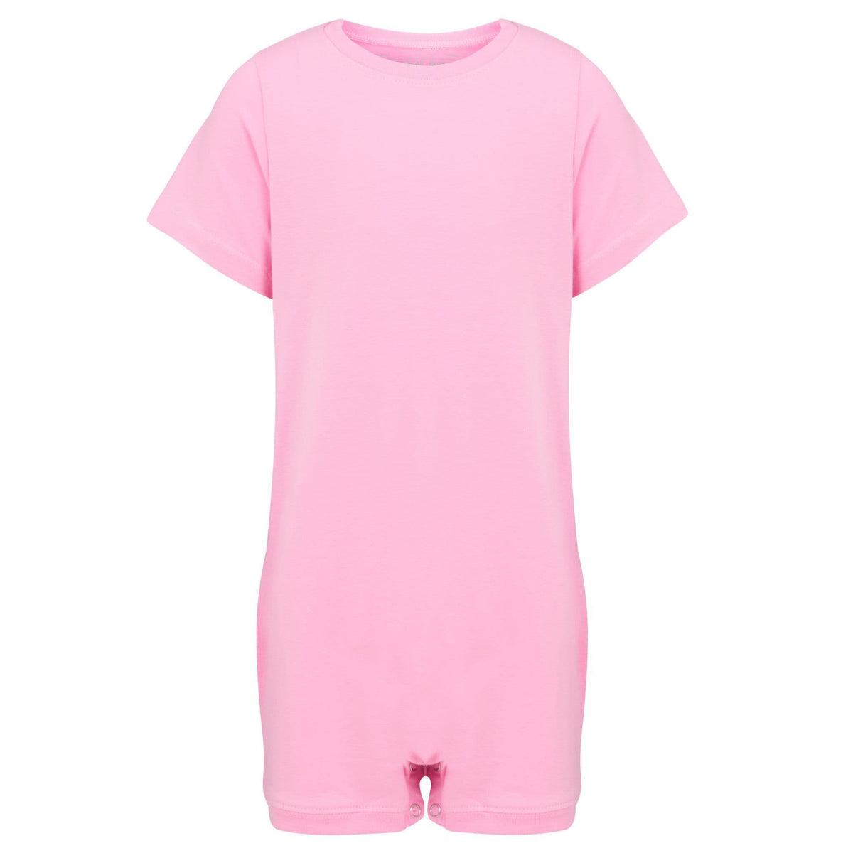A pink short-sleeve r with an open crotch, shown against a plain white background.