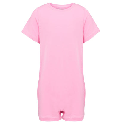A pink short-sleeve r with an open crotch, shown against a plain white background.