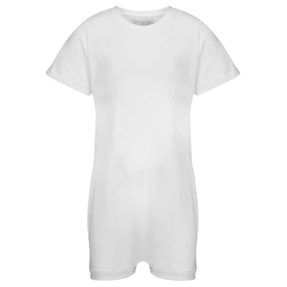A plain white short-sleeve or jumpsuit with a crew neck, shown against a solid white background.