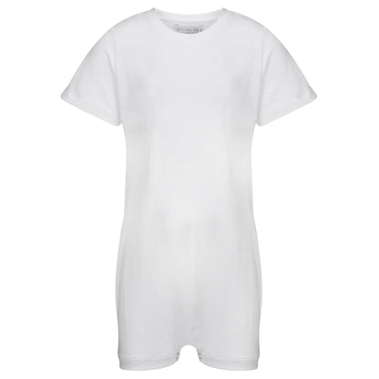 A plain white short-sleeve or jumpsuit with a crew neck, shown against a solid white background.