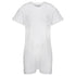 A plain white short-sleeve or jumpsuit with a crew neck, shown against a solid white background.