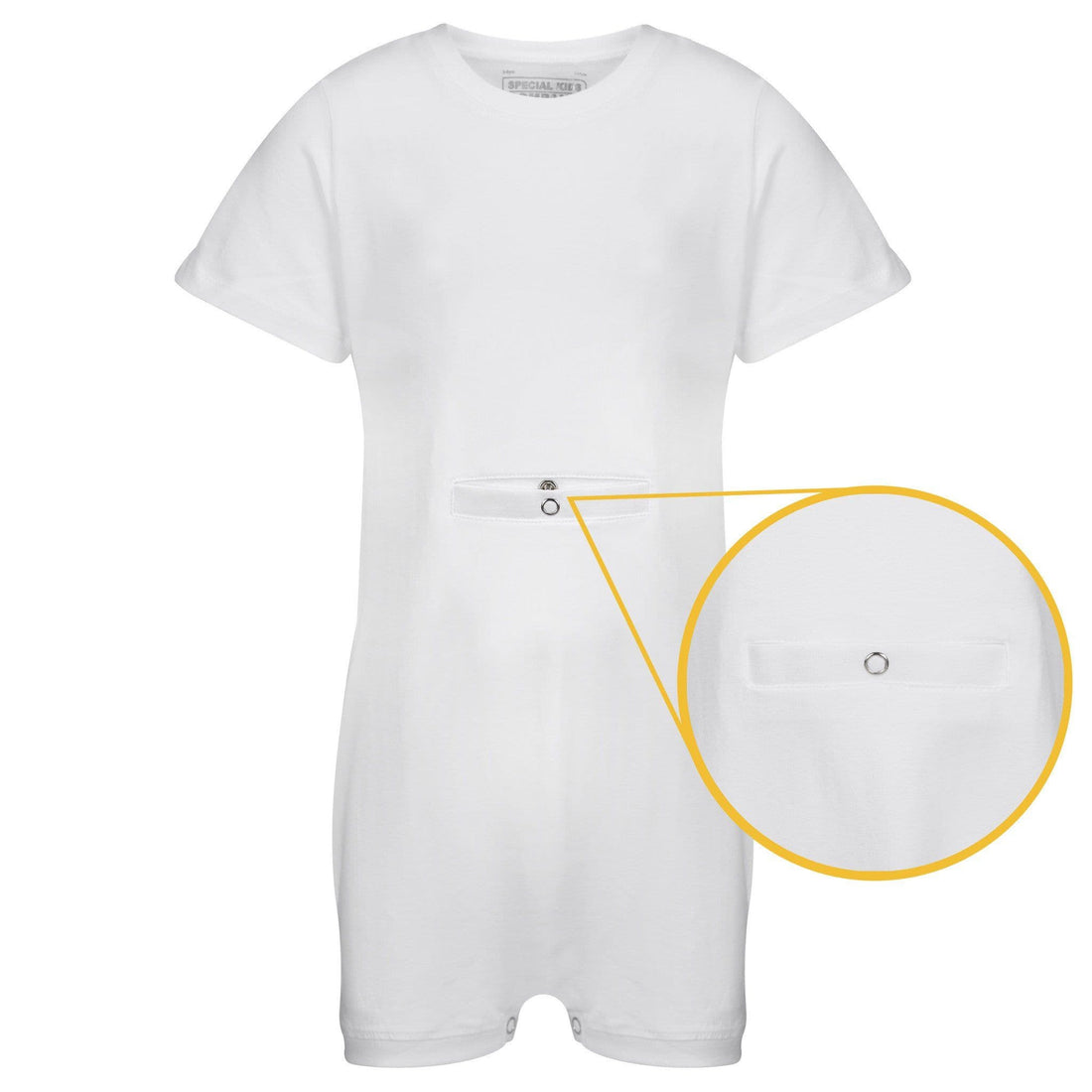 White with a close-up of a button pocket for tube feeding on a white background
