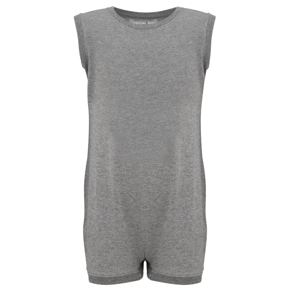 A sleeveless heather gray romper with a crew neck and short legs, with crotch poppersa shown against a plain white background.