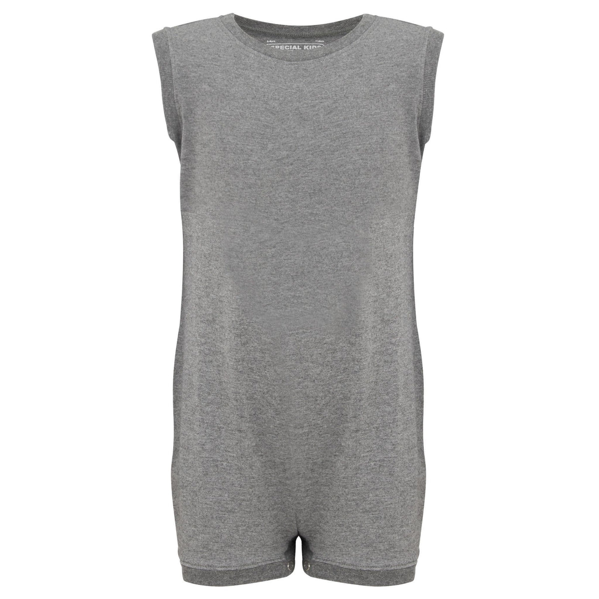 A sleeveless heather gray romper with a crew neck and short legs, with crotch poppersa shown against a plain white background.