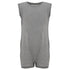 A sleeveless heather gray romper with a crew neck and short legs, with crotch poppersa shown against a plain white background.