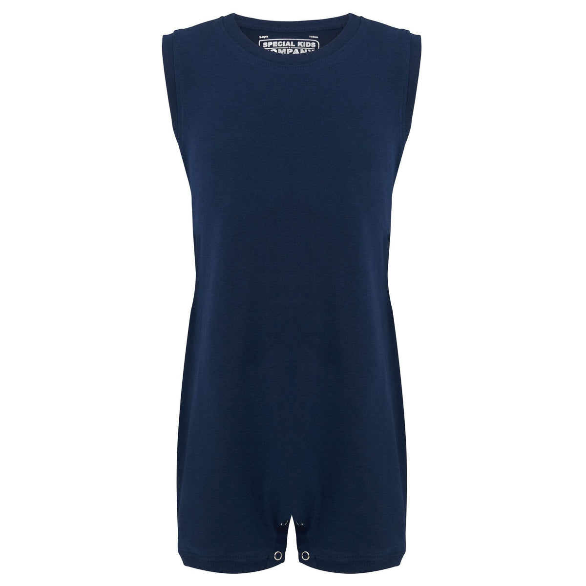 A navy blue sleevelesswith snap closures at the crotch and armholes, shown against a plain white background.