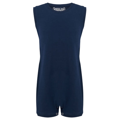 A navy blue sleevelesswith snap closures at the crotch and armholes, shown against a plain white background.