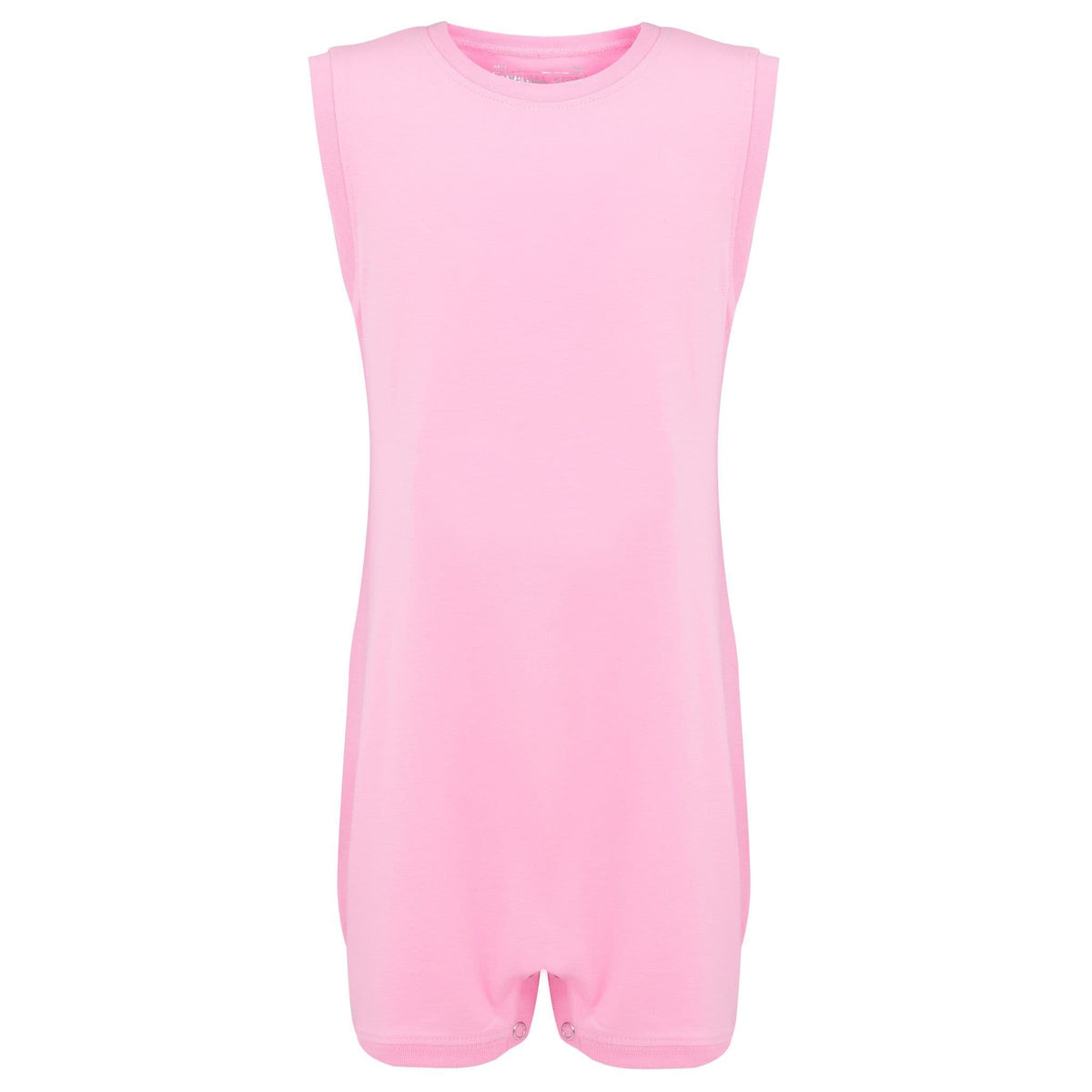 A light pink sleeveless romper with a crew neck and short legs, with crotch poppers shown against a plain white background.