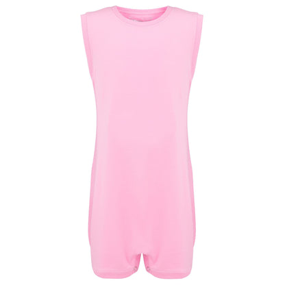 A light pink sleeveless romper with a crew neck and short legs, with crotch poppers shown against a plain white background.