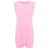 A light pink sleeveless romper with a crew neck and short legs, with crotch poppers shown against a plain white background.