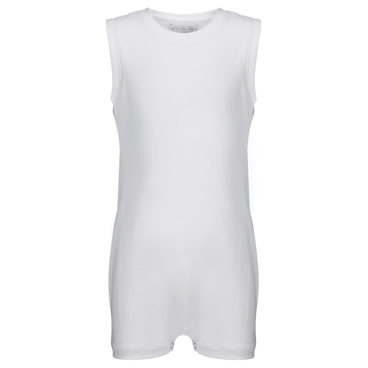 A plain white sleeveless short-sleeve top orarment shown on a white background.