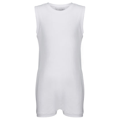 A plain white sleeveless short-sleeve top orarment shown on a white background.