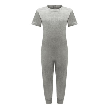 A light gray short-sleeve one-piece jumpsuit with a crew neck and ribbed cuffs, shown against a plain white background.