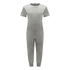 A light gray short-sleeve one-piece jumpsuit with a crew neck and ribbed cuffs, shown against a plain white background.
