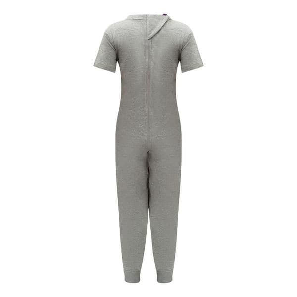 A light gray short-sleeve one-piece jumpsuit with  zipper, shown against a plain white background.