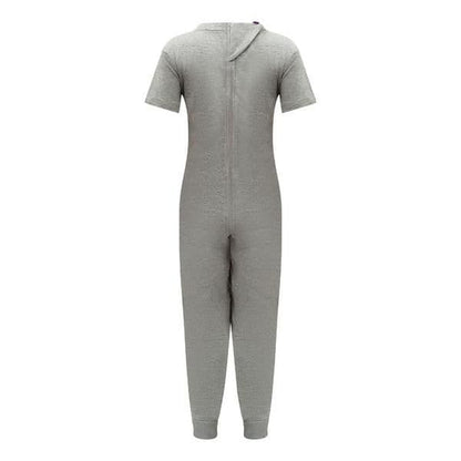A light gray short-sleeve one-piece jumpsuit with  zipper, shown against a plain white background.