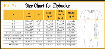 A size chart graphic for zipback clothing, titled &