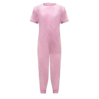 A light pink short-sleeve one-piece jumpsuit with a crew neck, shown on a plain white background.