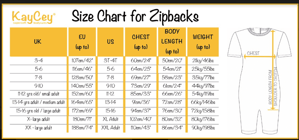 A size chart graphic for zipback clothing, titled &