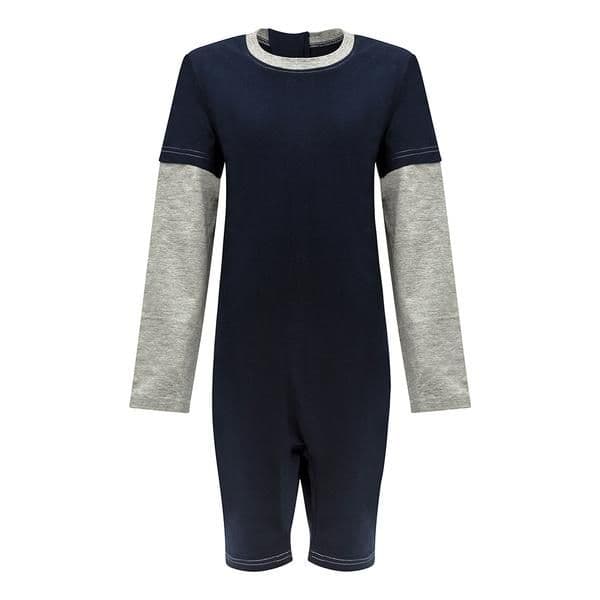 A long-sleeve  in navy blue with contrasting light gray sleeves and a light gray crew neck trim, shown on a plain white background.