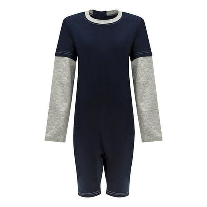 A long-sleeve  in navy blue with contrasting light gray sleeves and a light gray crew neck trim, shown on a plain white background.