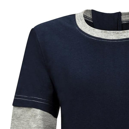 Close up of the neckline and arm showing contrasting stitching 