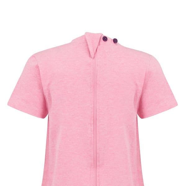 A pink short-sleeve showing the back of the garment. zip back with two buttons and a cover piece on a white backround