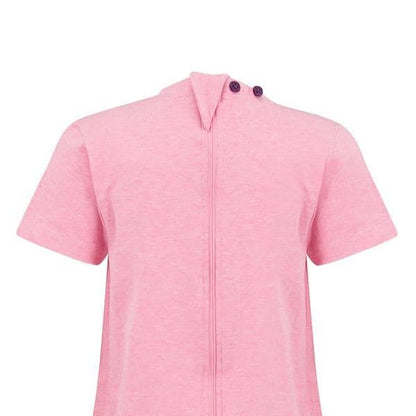 A pink short-sleeve showing the back of the garment. zip back with two buttons and a cover piece on a white backround