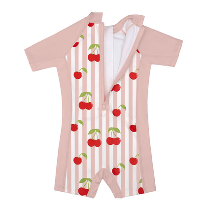 Alt text: Back view of the Konfidence Kids Warma e-Flex Warm UV Swimsuit in Very Cherry showing the zip fastening