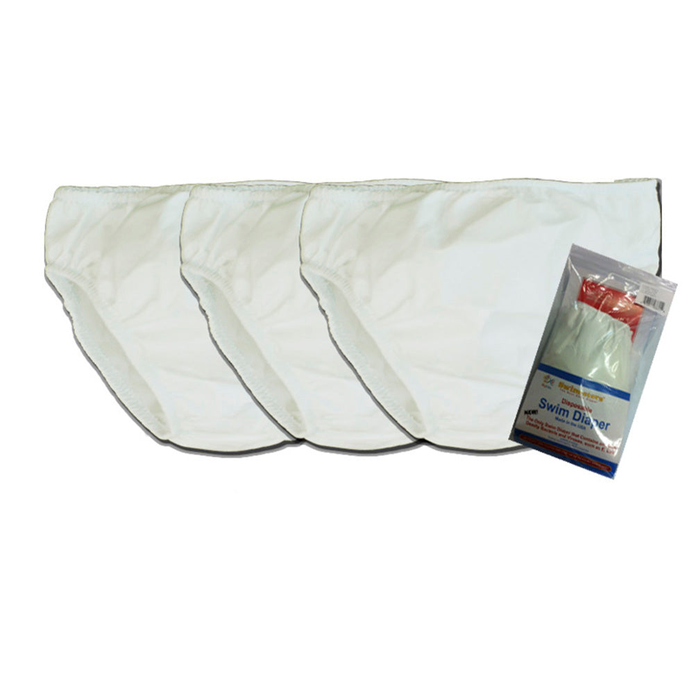 Three white UP360 Disposable Youth Incontinence Swim Briefs shown next to the product packaging.