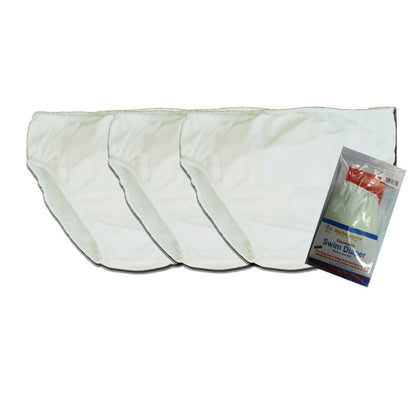Three white UP360 Disposable Youth Incontinence Swim Briefs shown next to the product packaging.