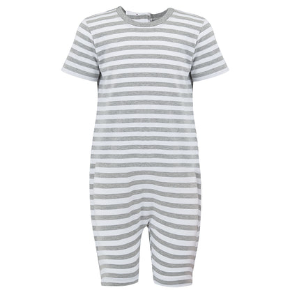 KayCey kids grey and white striped secret zip back adaptive jumpsuit, front view