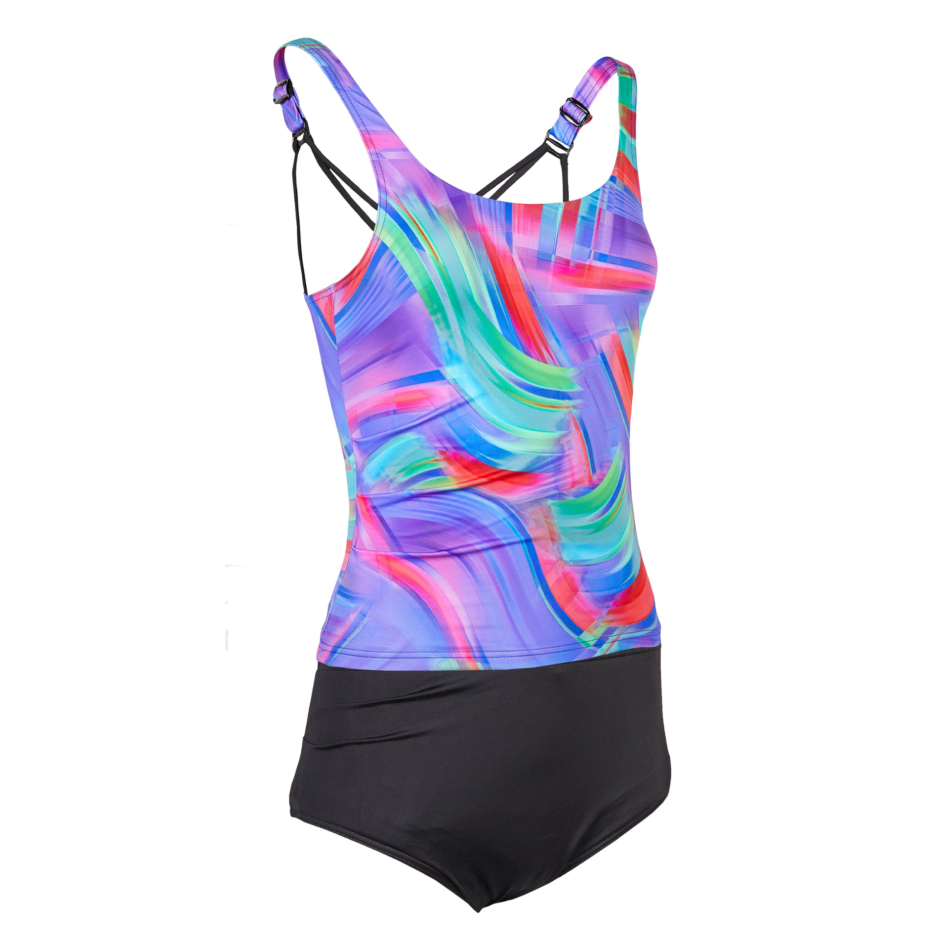 A tankini swimsuit with a vibrant indigo wave pattern and black briefs, designed for ladies with incontinence issues, featuring adjustable straps and a high-waisted brief.
