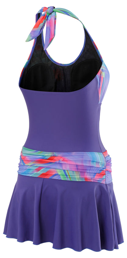 Back view of Kes-Vir Women’s Incontinence Swim Dress in Indigo Wave with halterneck style.