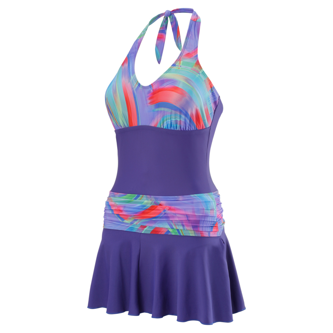 Kes-Vir Women’s Incontinence Swim Dress in Indigo Wave, front view.