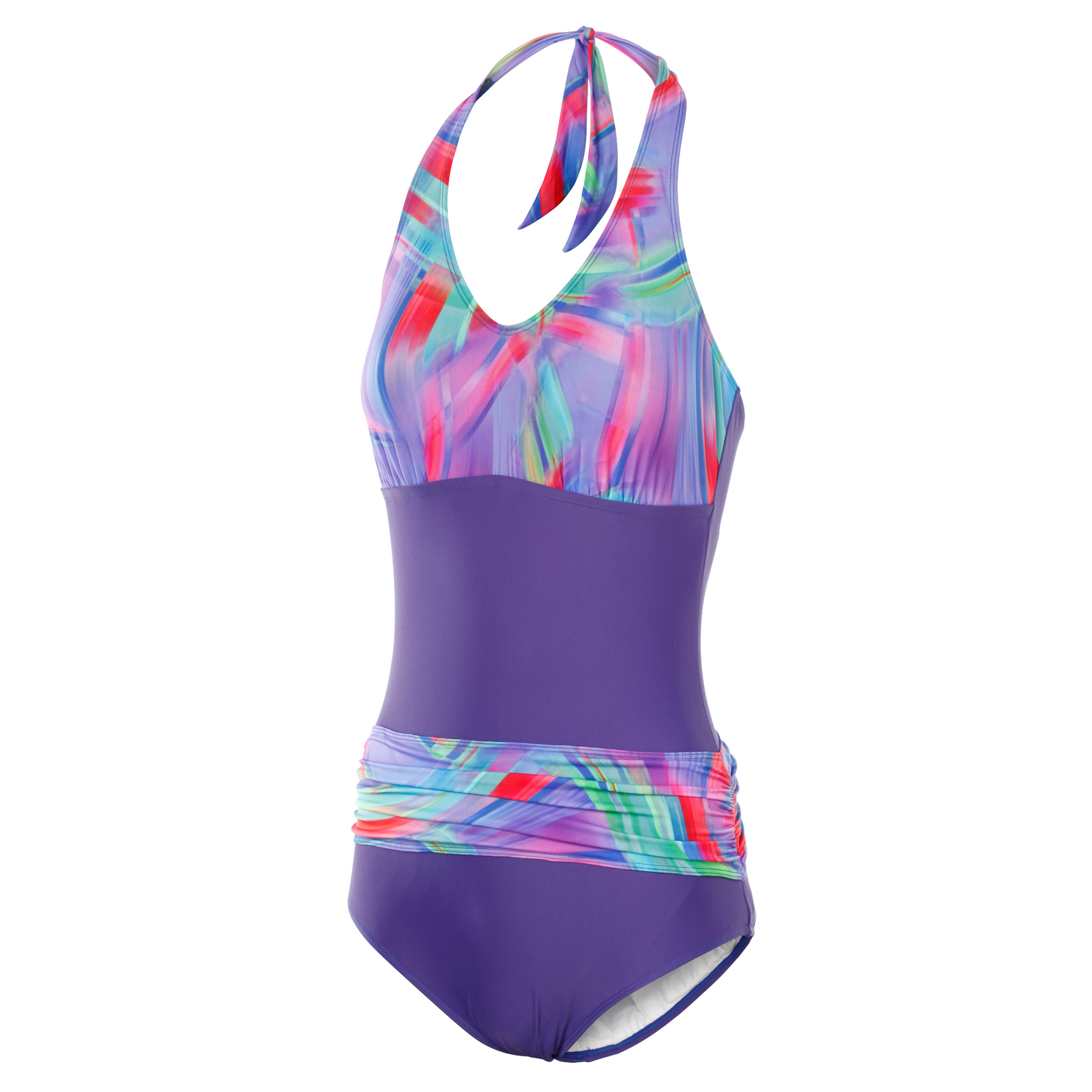 Front view of Kes-Vir Women’s Sash Incontinence Swimsuit in Indigo Wave with halterneck style.
