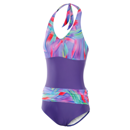 Front view of Kes-Vir Women’s Sash Incontinence Swimsuit in Indigo Wave with halterneck style.