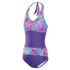 Front view of Kes-Vir Women’s Sash Incontinence Swimsuit in Indigo Wave with halterneck style.